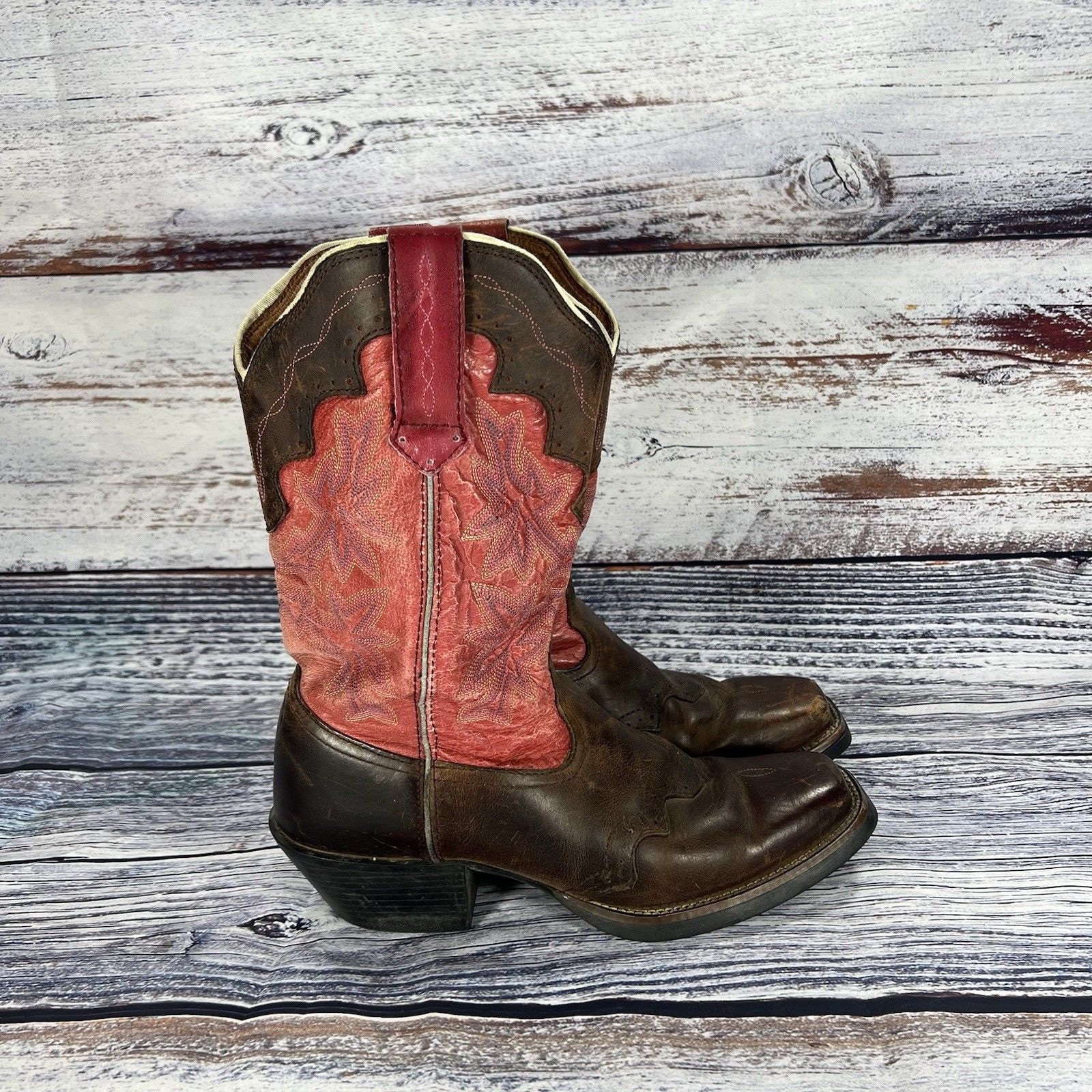 Tony Lama Red & Brown Leather Rr2108l Western Square Toe Boots Women’s Size 6.5